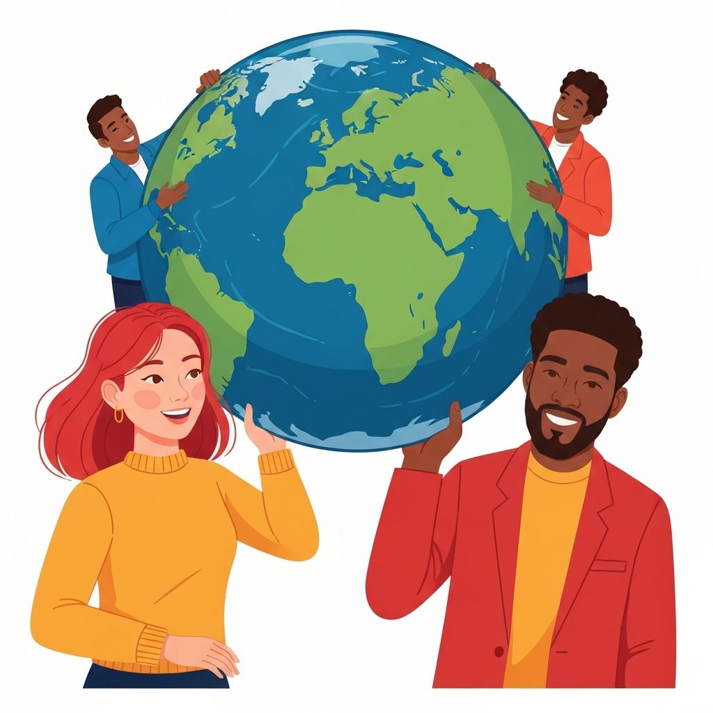 People with globe illustration